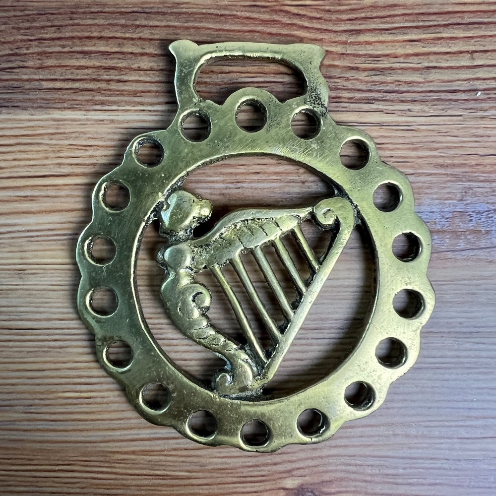 Vintage Irish Harp Horse Brass English Medallion Tack Parade Harness Decor 3.5"
